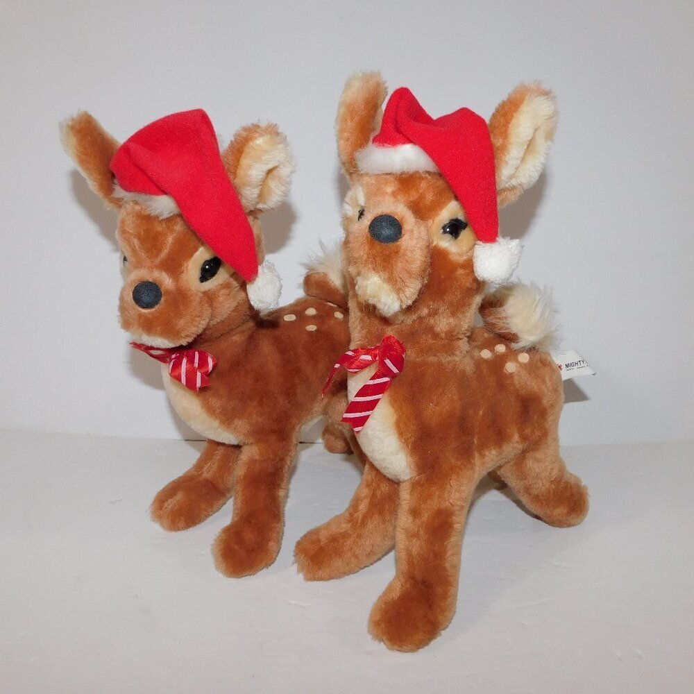 Set 2 VTG 80s Poseable Plush ringing Christmas Reindeer Deer Mighty Star 11"
